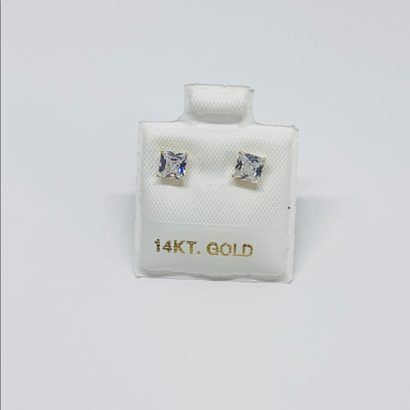 14k Solid Gold Studs Earrings 4mm Princess Cut